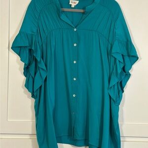 BiBi Turquoise Button-Up Ruffle Sleeve Blouse